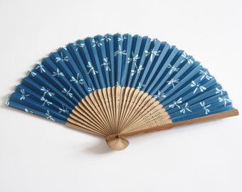 Blue Folding Fan With Dragonfly Design Japanese Sensu