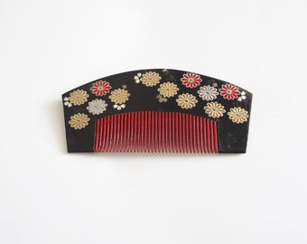 Black Kushi Comb With Floral Design Japanese Kanzashi