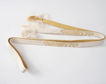 Obijime Gold Side White Side With Floral Design Accessory For Obi Kimono Belt Kitsuke Free Shipping
