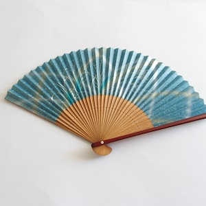 Vintage Sensu Folding Fan Tones Of Blue With Silvery White + Yellow Accents