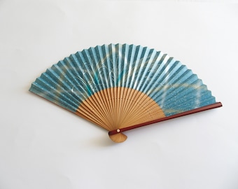 Vintage Sensu Folding Fan Tones Of Blue With Silvery White + Yellow Accents