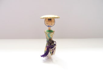 Kokeshi From Japan Green Gold Fabric Wrapped Home Decoration