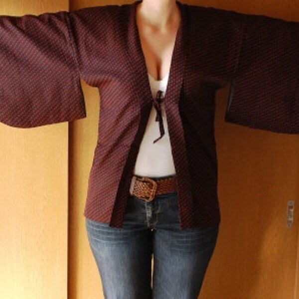 Haori Jacket With Pattern Of Red Crosses On Black Ground, From Japan, Retro, Boho, Cool, Unique, Shirt, Top, Vest, Size M L