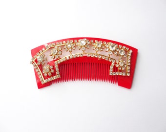 Flamboyant Red Kushi Comb With Gold + Rhinestones Design Element Japanese Hair Accessory Kanzashi