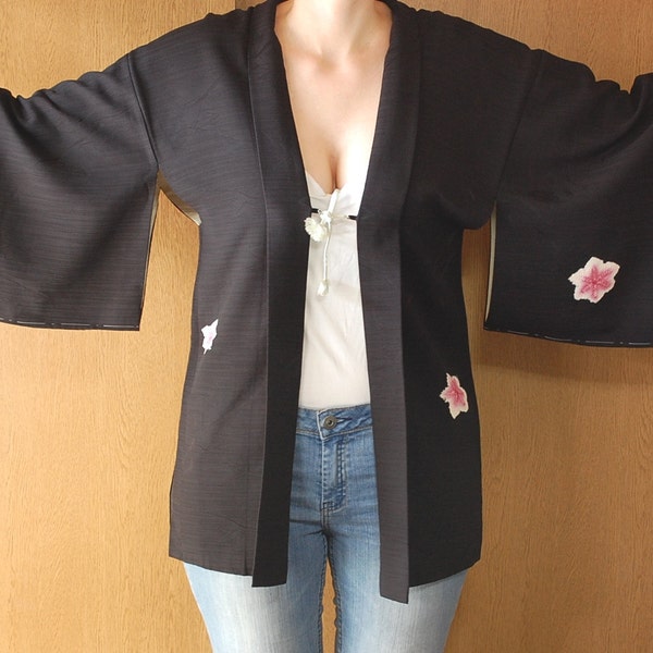 Black Haori Kimono Cardigan With Shibori Batik Style Pink White Flowers