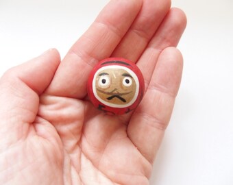 Japanese Figurine Round Red Head Daruma Made From Wood