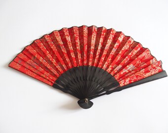 Japanese Sensu Folding Fan Red Fabric With Ornamental Pattern Vintage Fan