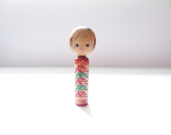 Wooden Kokeshi Japanese Folk Doll With Red + Green Ornamental Design