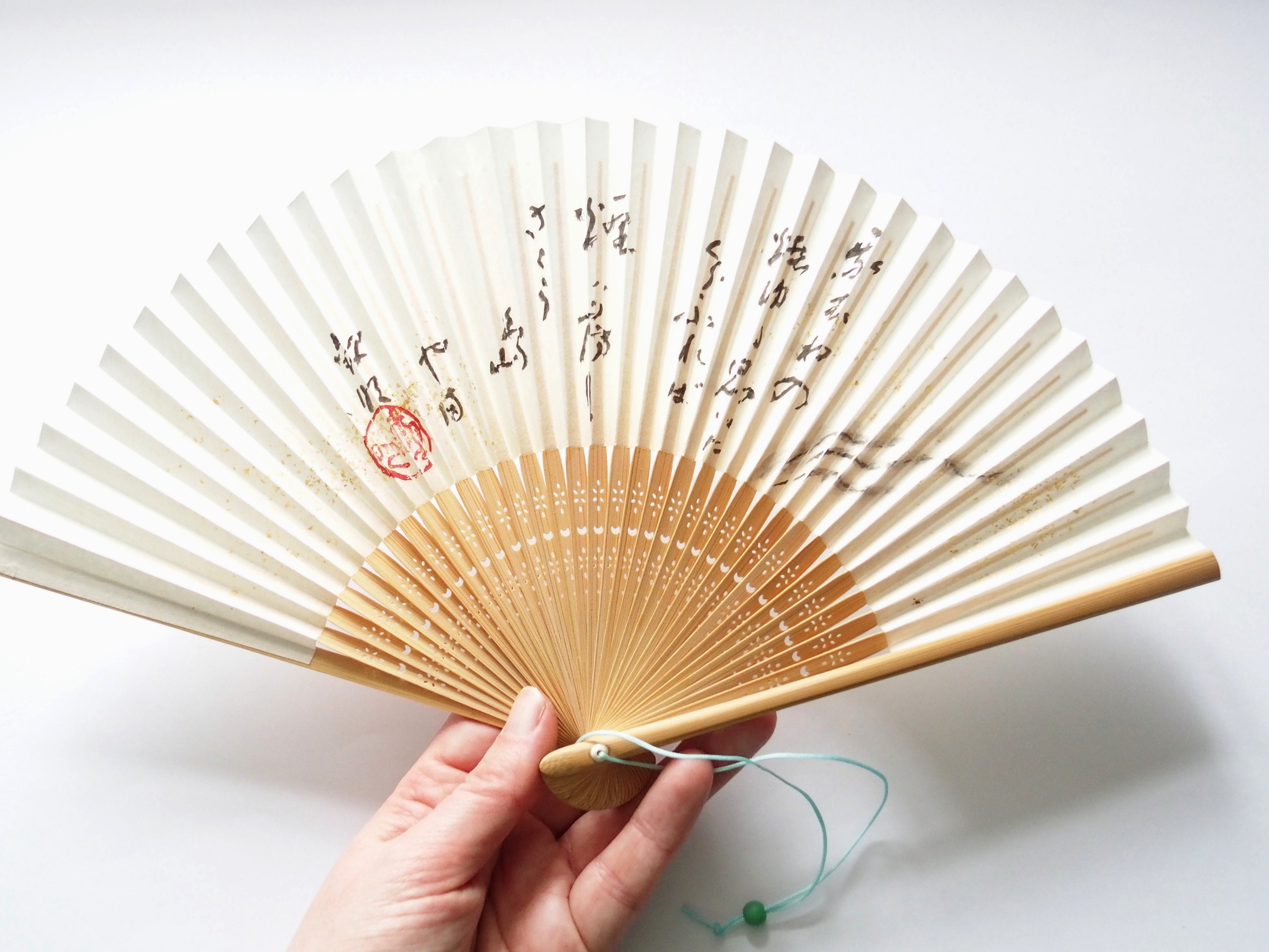 Vintage Japanese Sensu Folding Fan White With Golden + Gray
