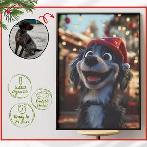 Kerst hond cartoon portret, grappige cartoon hond, intieme leuke herinneringen voor dierenliefhebbers, huisdier gedenkteken, cadeau hond eigenaar, digitaal bestand