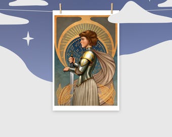 May include: A digital illustration of a woman in armor holding a sword. She is standing in front of a blue and gold background with stars. The woman is wearing a white cloak and a gold helmet. The illustration is in an art deco style.