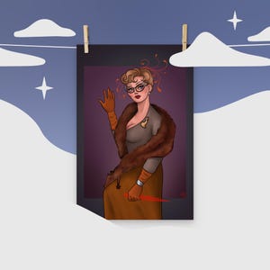 May include: A woman with red hair and glasses is wearing a brown fur coat and a brown dress. She is holding a red dagger in her right hand and has a gold brooch on her chest.