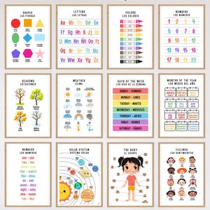 Bilingual Educational Posters, English and Spanish, Toddler Bedroom Wall Art, Nursery Decor, Preschool, Daycare, Homeschool, Digital Prints