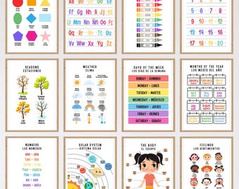 Bilingual Educational Posters, English and Spanish, Toddler Bedroom Wall Art, Nursery Decor, Preschool, Daycare, Homeschool, Digital Prints
