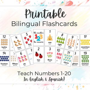 Puede incluir: Tarjetas didácticas bilingües imprimibles para enseñar los números del 1 al 20 en inglés y español. Cada tarjeta presenta un número con una ilustración correspondiente, como fresas para el número cinco. Las tarjetas están diseñadas con una estética colorida y lúdica.