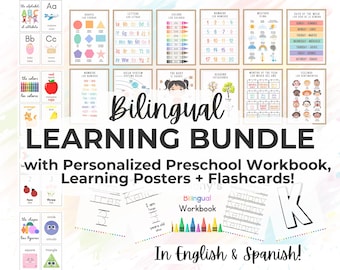 Bilingual Preschool Bundle, English and Spanish, Personalized Toddler Workbook, Bilingual Learning Posters, Printable Flashcards, Homeschool