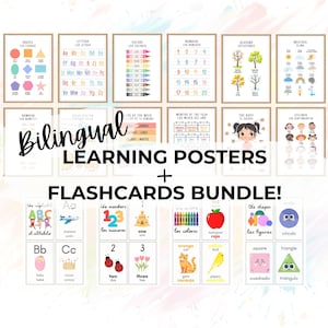 Bilingual Educational Posters and Flashcards, Toddler Learning Bundle, English and Spanish,  Preschool, Daycare, Homeschool, Digital Prints