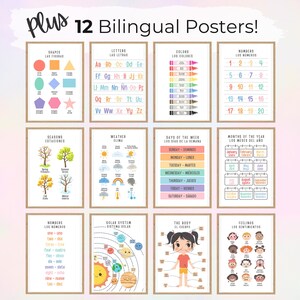 May include: A set of 12 bilingual educational posters featuring English and Spanish text. The collection includes charts for shapes, letters, colors, numbers, seasons, weather, days of the week, months, the solar system, body parts, and feelings.