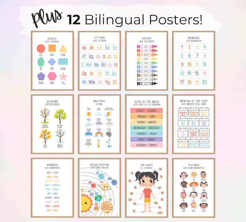 May include: A set of 12 bilingual educational posters featuring English and Spanish text. The collection includes charts for shapes, letters, colors, numbers, seasons, weather, days of the week, months, the solar system, body parts, and feelings.