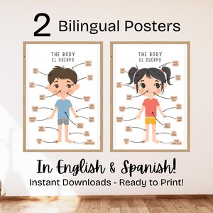 May include: Two printable posters featuring illustrations of a boy and a girl with labeled body parts in both English and Spanish. The posters are titled "The Body" and "El Cuerpo".