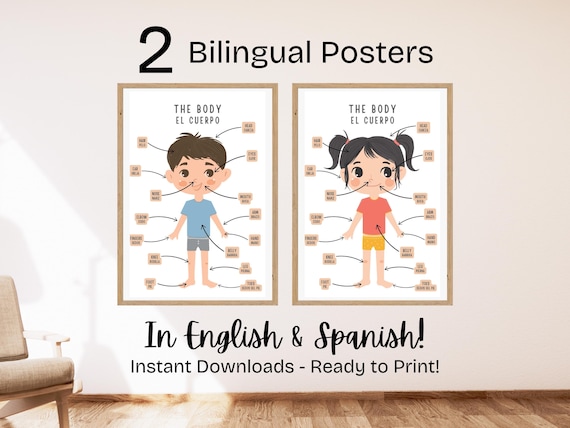 Bilingual Posters, Body Parts Educational Posters, English and Spanish, Toddler Bedroom Decor, Nursery Decor, Preschool, Daycare, Homeschool