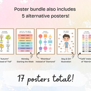 May include: A bundle of 17 educational posters featuring bilingual English and Spanish text. The five visible posters display seasons, days of the week, shapes, human body parts, and colors with illustrations. Text includes 'Poster bundle also includes 5 alternative posters!' and '17 posters total!'