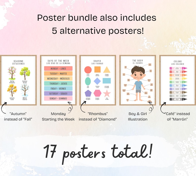 May include: A bundle of 17 educational posters featuring bilingual English and Spanish text. The five visible posters display seasons, days of the week, shapes, human body parts, and colors with illustrations. Text includes 'Poster bundle also includes 5 alternative posters!' and '17 posters total!'