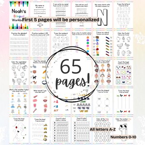 May include: A 65-page bilingual educational workbook featuring activities for children including alphabet tracing, number practice, color identification, shape drawing, and animal matching exercises with personalized pages and text.