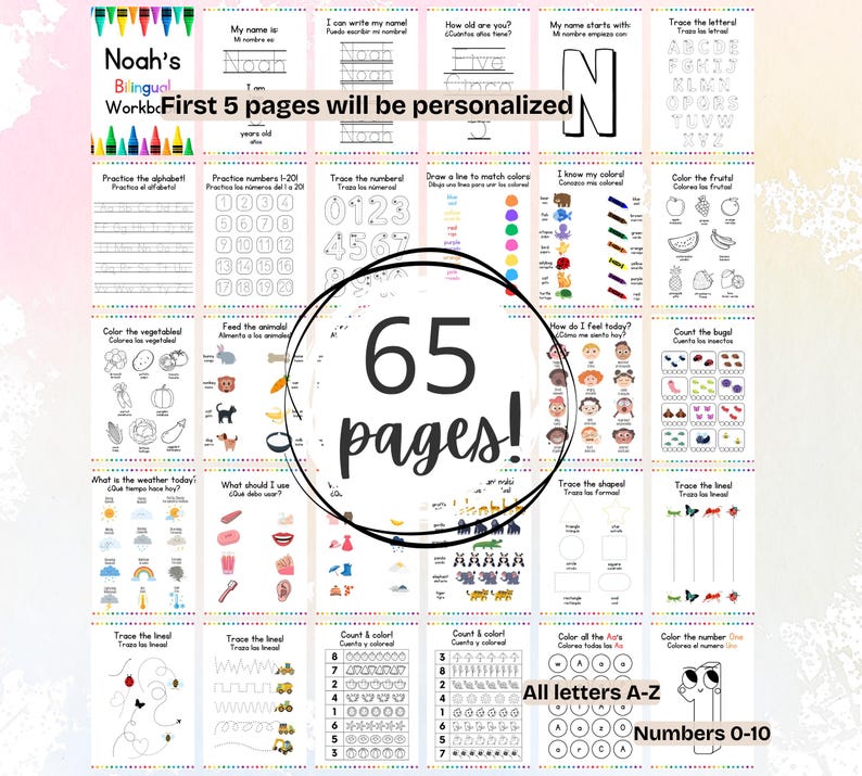 May include: A 65-page bilingual educational workbook featuring activities for children including alphabet tracing, number practice, color identification, shape drawing, and animal matching exercises with personalized pages and text.