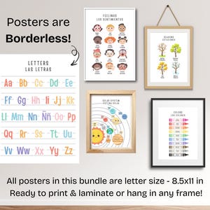 May include: A set of educational posters featuring bilingual English and Spanish text. The collection includes charts for letters, feelings, seasons, the solar system, and colors. Each poster is 8.5x11 inches, designed for printing and framing.