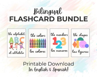 May include: A bundle of bilingual flashcards for learning. The cards feature the alphabet, colors, numbers, and shapes, with English and Spanish text. The design includes colorful illustrations of children, crayons, and geometric shapes. The text reads "Printable Download In English & Spanish!"