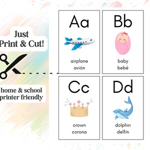 May include: Educational flashcards featuring the alphabet with corresponding illustrations. The cards include images of an airplane, baby, crown, and dolphin. Text on the cards includes the words "airplane," "baby," "crown," and "dolphin." The image also includes the text "Just Print & Cut!" and "home & school printer friendly."