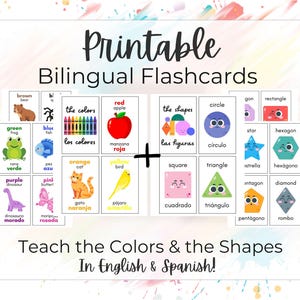 May include: Printable bilingual flashcards teaching colors and shapes in English and Spanish. The flashcards feature colorful illustrations of a bear, frog, fish, dinosaur, butterfly, cat, bird, apple, crayons, and shapes.