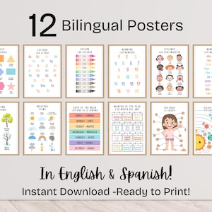 Bilingual Educational Posters, English and Spanish, Toddler Bedroom Decor, Nursery Decor, Preschool, Daycare, Homeschool, Digital Prints