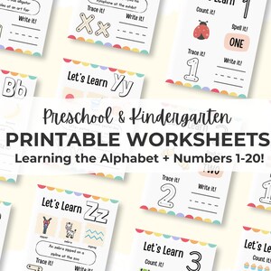 May include: A collection of educational printable worksheets for preschool and kindergarten featuring the alphabet and numbers 1-20. Each page includes tracing and writing exercises with colorful illustrations and the text Preschool & Kindergarten PRINTABLE WORKSHEETS Learning the Alphabet + Numbers 1-20!
