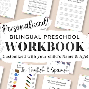 Bilingual Preschool Workbook, Personalized Toddler Workbook, English and Spanish, Printable Educational Worksheet, Homeschool, Kindergarten