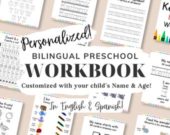 Bilingual Preschool Workbook, Personalized Toddler Workbook, English and Spanish, Printable Educational Worksheet, Homeschool, Kindergarten