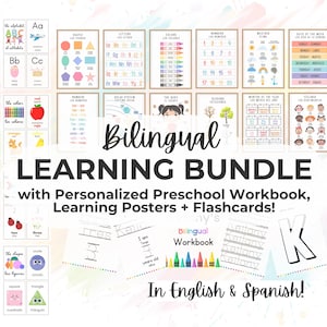 May include: A bilingual learning bundle featuring educational posters and flashcards in English and Spanish. The set includes charts for shapes, letters, colors, numbers, weather, days, months, and feelings, alongside a personalized preschool workbook.