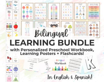 May include: A bilingual learning bundle featuring educational posters and flashcards in English and Spanish. The set includes charts for shapes, letters, colors, numbers, weather, days, months, and feelings, alongside a personalized preschool workbook.