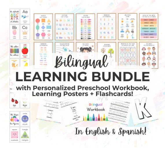 Bilingual Preschool Bundle, English and Spanish, Personalized Toddler Workbook, Bilingual Learning Posters, Printable Flashcards, Homeschool