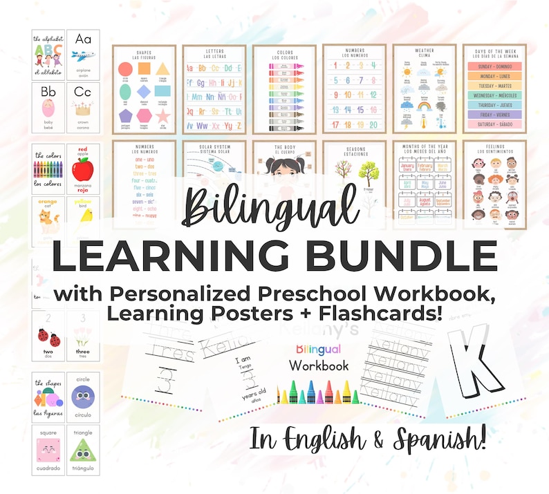 May include: A bilingual learning bundle featuring educational posters and flashcards in English and Spanish. The set includes charts for shapes, letters, colors, numbers, weather, days, months, and feelings, alongside a personalized preschool workbook.