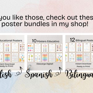 May include: Three posters advertising educational poster bundles for children. The posters are labeled "10 Educational Posters", "10 P&oacute;sters Educativo", and "12 Bilingual Posters". The posters are in English, Spanish, and bilingual.