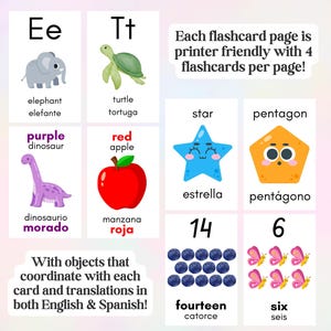 May include: A set of educational flashcards featuring illustrations of an elephant, turtle, purple dinosaur, red apple, blue star, orange pentagon, fourteen blueberries, and six butterflies with English and Spanish text labels on each card.