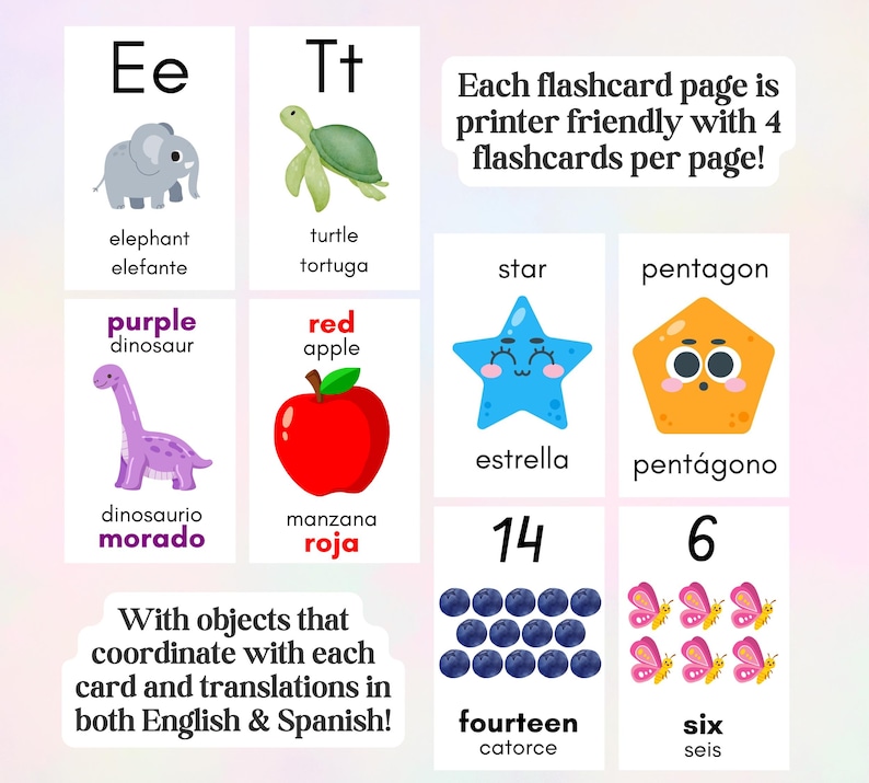 May include: A set of educational flashcards featuring illustrations of an elephant, turtle, purple dinosaur, red apple, blue star, orange pentagon, fourteen blueberries, and six butterflies with English and Spanish text labels on each card.