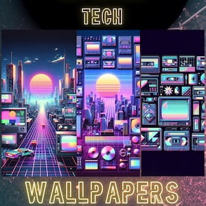 レトロテック風スマホ壁紙セット、90年代風ヴィンテージデスクトップ背景8選、iOS・Androidロック画面用ピクセルアート、Vaporwaveスマホテーマパック