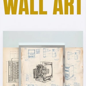 Peut inclure: Art mural de brevets vintage avec des plans encadrés d'un clavier d'ordinateur, d'un moniteur et d'un processeur. Les plans sont à l'encre bleue sur du papier vieilli, avec les mots "VINTAGE PATENT WALL ART" en lettres dorées en haut.