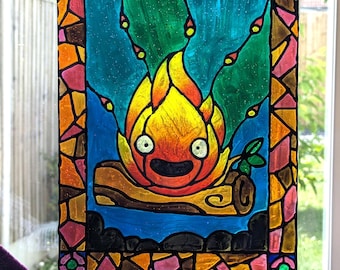 Handmade Sun Catcher Featuring a Painting of Calcifer from Studio Ghibli.