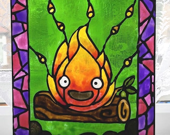 Handmade Sun Catcher Featuring a Painting of Calcifer from Studio Ghibli.