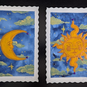 Handmade Celestial Sun and Moon Painting - Purple gems