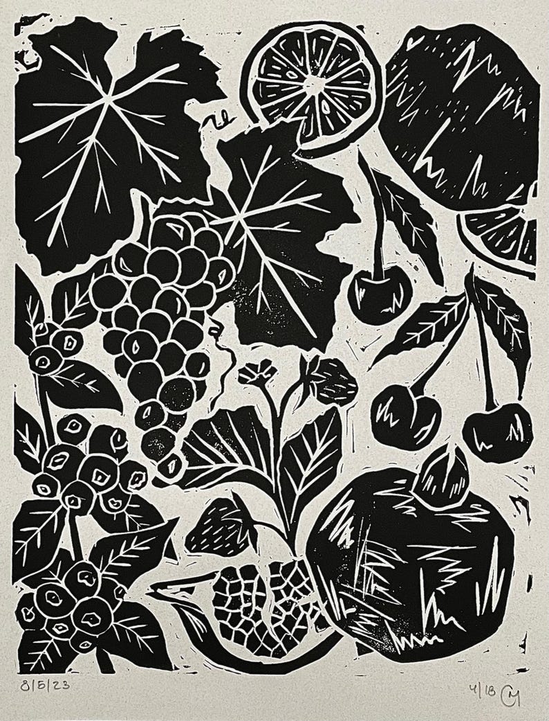 Linocut Shell Fruit Fruit Linoleum Cut Print - Etsy